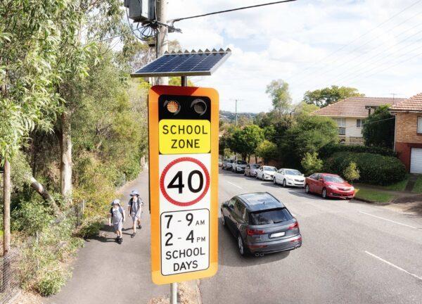 The solar-powered speed cameras will be installed in school zone signs and sit on top of a mobile platform. (Courtesy of the Queensland Transport and Main Roads Department)