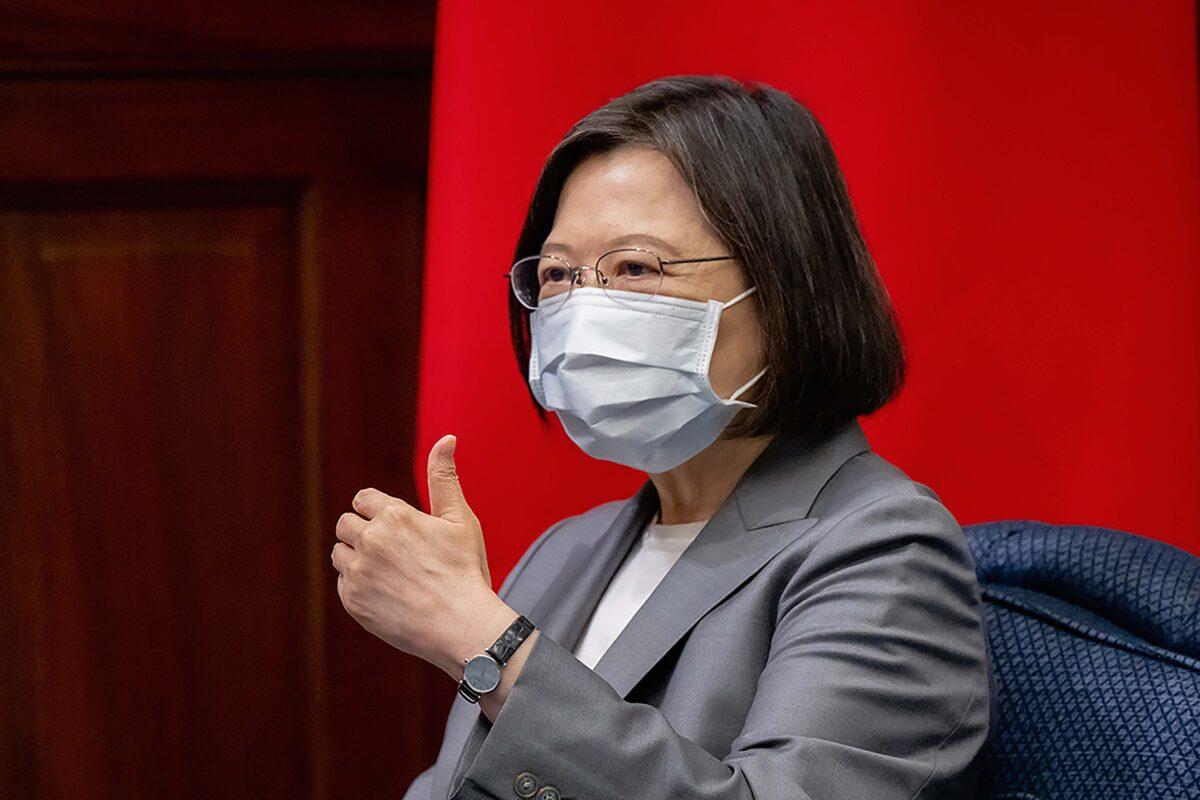 Taiwan's President Tsai Ing-wen gestures during a meeting with U.S. Indiana Governor Eric Holcomb at the Presidential office in Taipei, Taiwan on Aug 22, 2022. (Taiwan Presidential Office via AP)