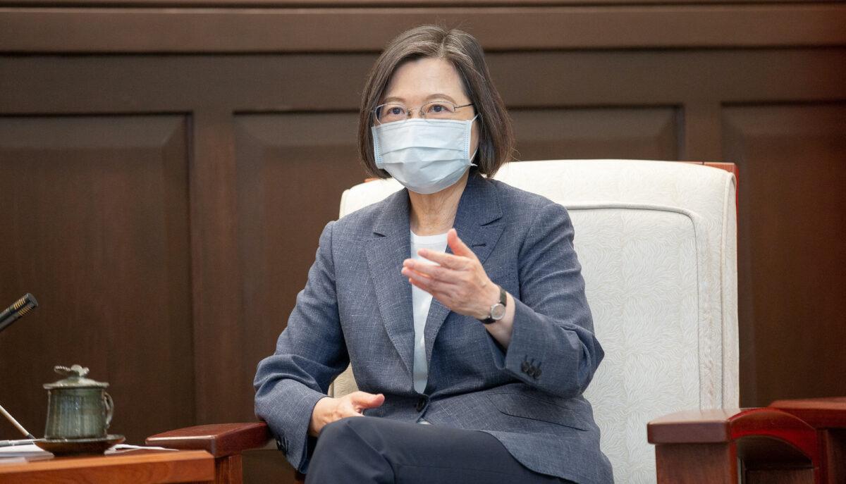 Taiwan President Tsai Ing-wen speaks to member of the House of Representatives of Japan Keiji Furuya and other members of the delegation at the presidential office in Taipei, Taiwan, on Aug. 23, 2022. (Taiwan Presidential Office/Handout via Reuters)
