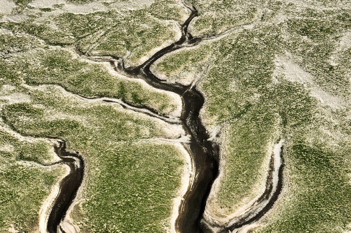 Dry sections of Poyang Lake in Jiujiang in China's central Jiangxi Province on Aug. 21, 2022. (STR/AFP via Getty Images)