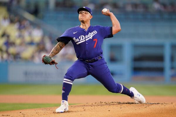 Los Angeles Dodgers starting pitcher Julio Urias (7) throws during the first inning of a baseball game against the Milwaukee Brewers in Los Angeles, Aug. 22, 2022. (Ashley Landis/AP Photo)