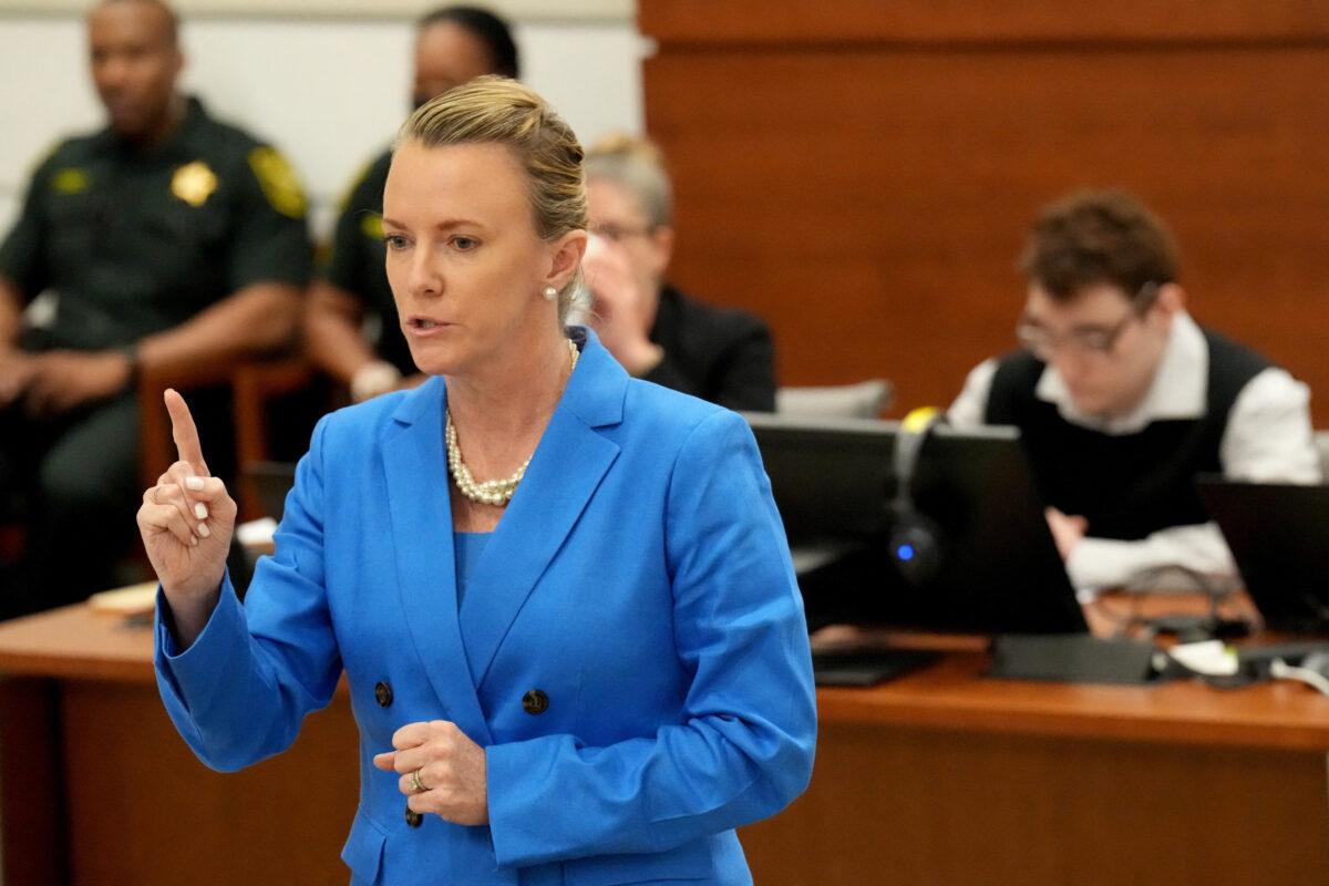 Assistant Public Defender Melisa McNeill gives the defense's opening statement during the penalty phase of Marjory Stoneman Douglas High School shooter Nikolas Cruz's trial at the Broward County Courthouse in Fort Lauderdale, Fla., on Aug. 22, 2022. (Amy Beth Bennett/South Florida Sun Sentinel/Pool via Reuters)