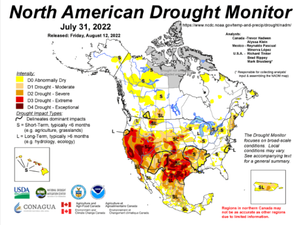 North American Drought Monitor, July 2022. (National Oceanographic / Atmospheric Administration-NOAA)