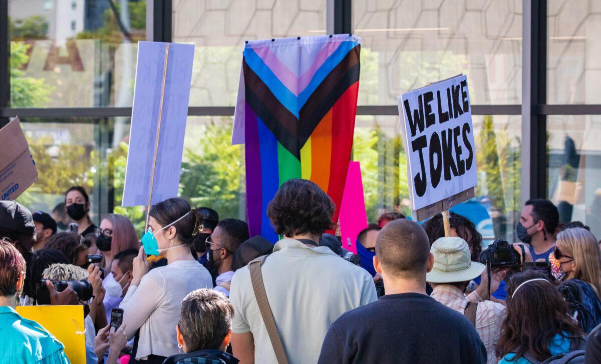 Transgender activists gather in protest in Los Angeles, Calif., on Oct. 10, 2021. (John Fredricks/The Epoch Times)
