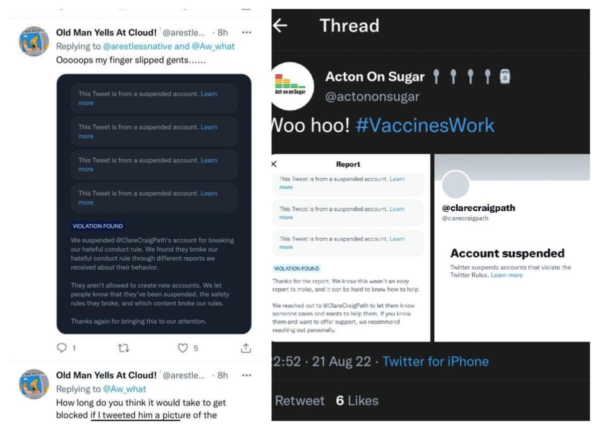 Screengrabs of Twitter posts that Dr. Clare Craig said appear to be gloating about getting her account suspended. (Courtesy of Dr. Clare Craig)