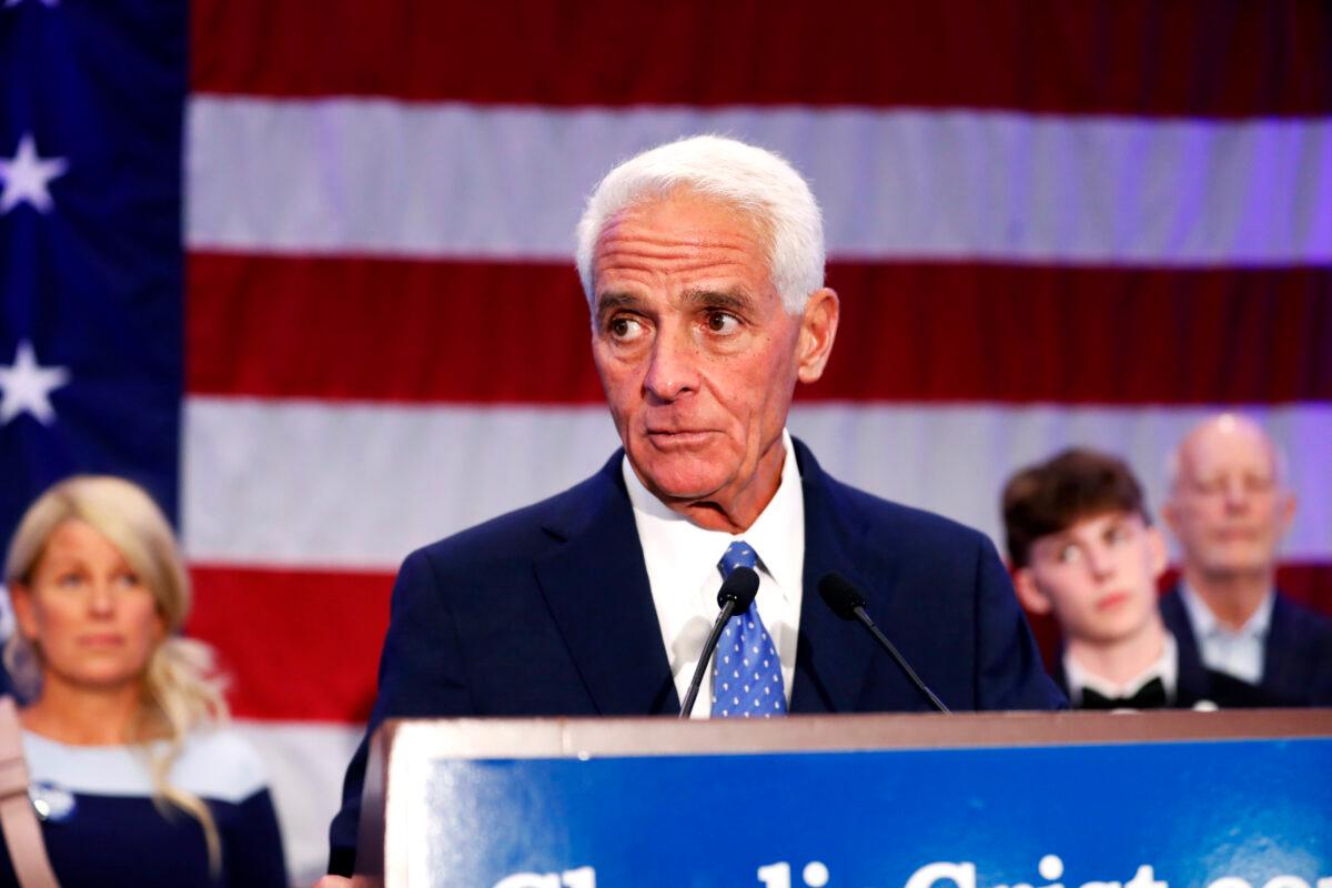 Florida Gubernatorial candidate Rep. Charlie Crist (D-Fla.) gives a victory speech after defeating Commissioner of Agriculture Nikki Fried in the Democrat primary at the Hilton St. Petersburg Bayfront in St. Petersburg, Fla., on Aug. 23, 2022. (Octavio Jones/Getty Images)