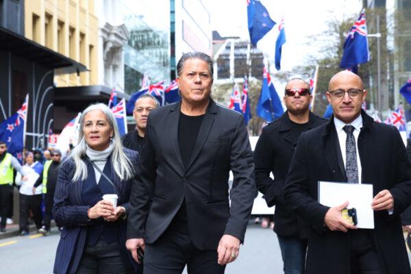 Destiny church leader Brian Tamaki (C) and church members and supporters lead the anti-Government march down Lambton Quay in Wellington, New Zealand, on Aug. 23, 2022. (Lynn Grieveson/Getty Images)