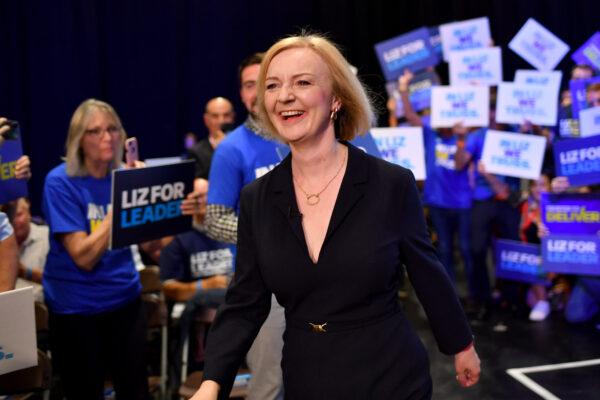 Foreign Secretary and Conservative leadership hopeful Liz Truss arrives to speak on stage in Birmingham, England, on Aug. 23, 2022. (Anthony Devlin/Getty Images)