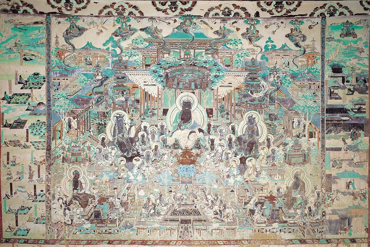 Illustration of Amitayus-mindfulness Sutra. South wall of Mogao Cave 172. High Tang dynasty. (Hong Kong Heritage Museum)