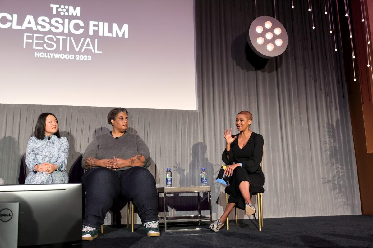 Special guest Nancy Wang Yuen, special guest Roxane Gay, and TCM host Jacqueline Stewart speak onstage at the panel "Reframed: Exploring the Complex Topic of Art vs. Artist" during the 2022 TCM Classic Film Festival at Club TCM at The Hollywood Roosevelt in Los Angeles on April 24, 2022. (Emma McIntyre/Getty Images for TCM)