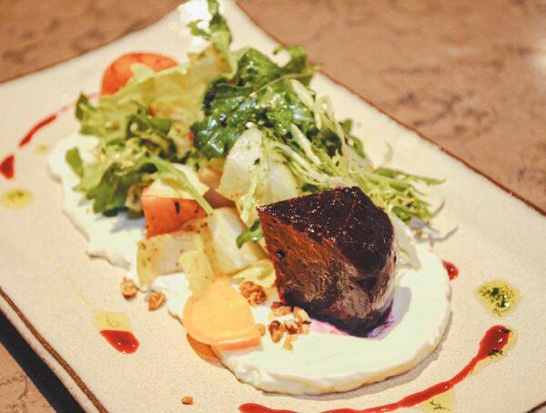 Roasted beet salad with pecan granola, sheep’s milk cheese mousse, arugula, and blood orange gastrique. (Karim Shamsi-Basha for American Essence)