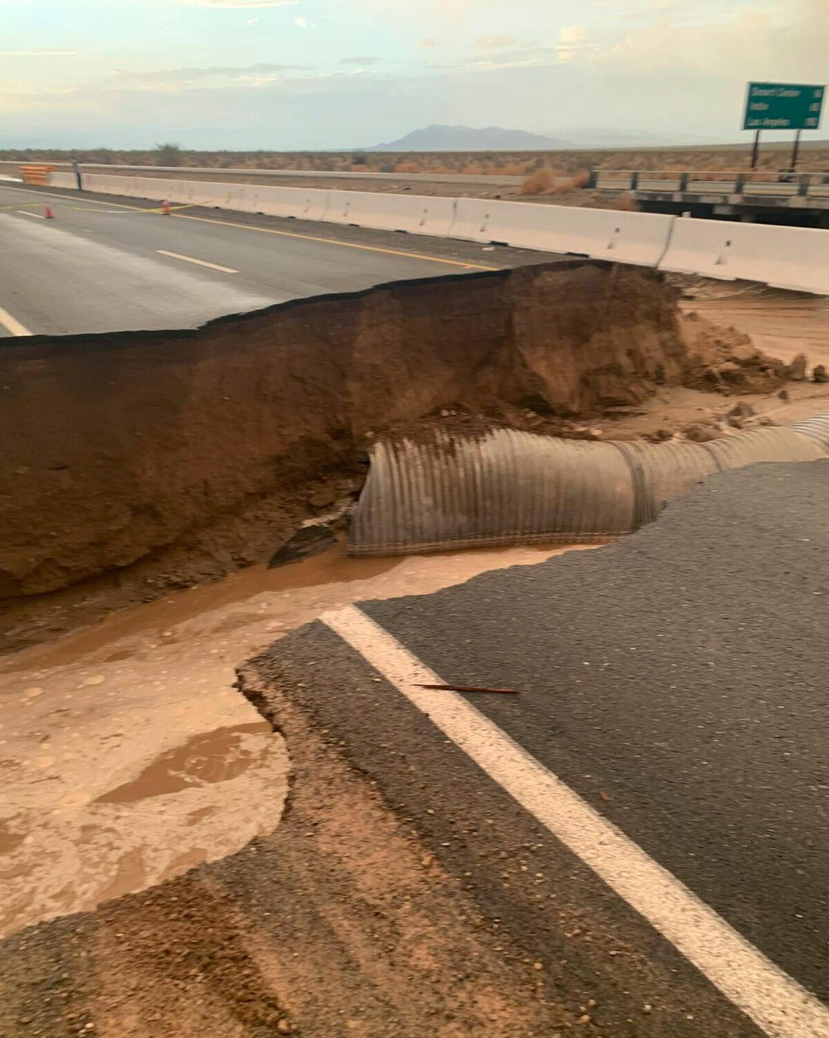 A washed out section of Interstate 10 near Desert Center, Calif., on Aug. 24, 2022. (Caltrans via AP)