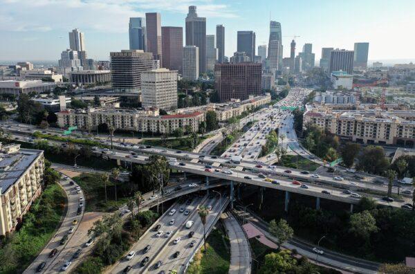 An aerial view of vehicles driving near downtown in Los Angeles on April 4, 2022. (Mario Tama/Getty Images)