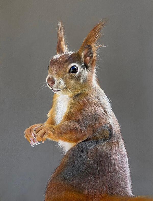 We’ve just disturbed a red squirrel. In wildlife and pet portrait artist Clare Parkes’s pastel drawing “Little Red,” she’s captured the squirrel on its hind legs, peering out of the drawing at us in surprise, as it gently clasps its paws as if to conceal a foraged treasure. Parkes fondly recalls seeing red squirrels in Norway when visiting her father. In all her animal art, she loves defining the animals’ unique details and personalities. Parkes discovered this love for realism while working as a wax figure painter at Madame Tussauds, where she’s worked for the past 14 years. Short-listed finalist in the Facing Extinction category: “Little Red” by Clare Parkes (UK). Pastel drawing; 13 3/8 inches by 18 7/8 inches. (Courtesy of DSWF)