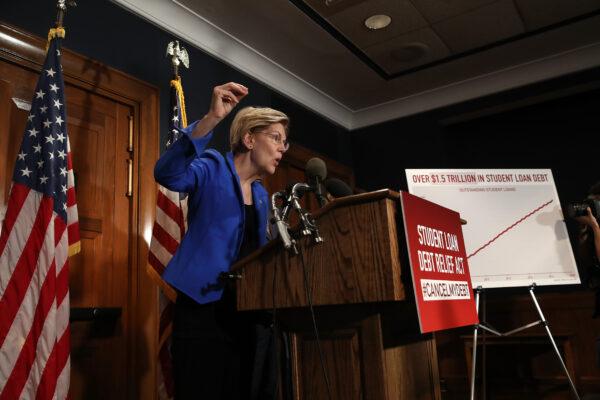 Sen. Elizabeth Warren (D-Mass.) speaks during a press conference on Capitol Hill, Washington, on July 23, 2019. (Win McNamee/Getty Images)