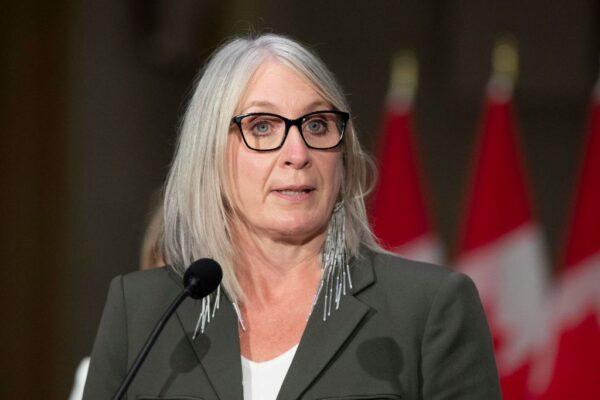 Newly sworn in Minister of Indigenous Services and minister responsible for the Federal Economic Development Agency for Northern Ontario, Patty Hajdu, speaks during a press conference in Ottawa, Canada, on Oct. 26, 2021. (Lars Hagberg/AFP via Getty Images)