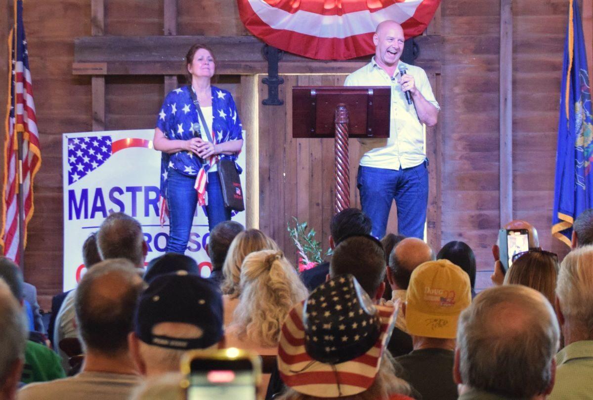 Pennsylvania state Sen. Doug Mastriano, the then-Republican nominee for governor, and his wife, Rebbie, speak at a campaign rally at the Star Barn in Elizabethtown, Pa., on Aug. 24, 2022. (Beth Brelje/The Epoch Times)