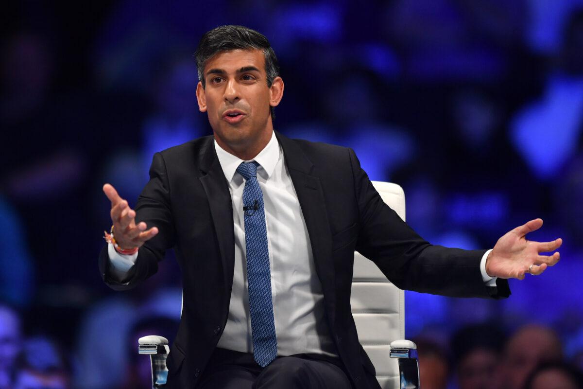 Former Chancellor and Conservative leadership hopeful Rishi Sunak speaks on stage in Birmingham, England, on Aug. 23, 2022. (Anthony Devlin/Getty Images)