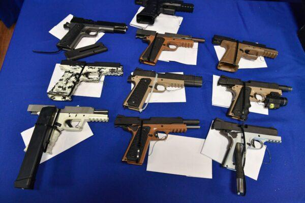 "Ghost guns" seized in federal law enforcement actions are displayed at the Bureau of Alcohol, Tobacco, Firearms, and Explosives (ATF) field office in Glendale, Calif., on April 18, 2022. (Robyn Beck/AFP via Getty Images)