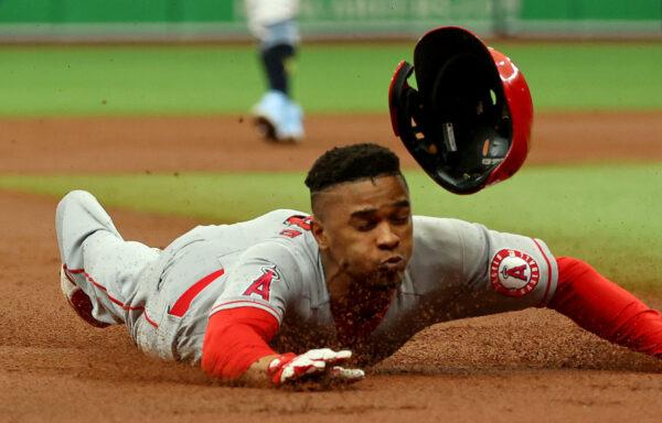 Magneuris Sierra #37 of the Los Angeles Angels slides into third during a game against the Tampa Bay Rays at Tropicana Field in St Petersburg, Flor., August 25, 2022. (Mike Ehrmann/Getty Images)