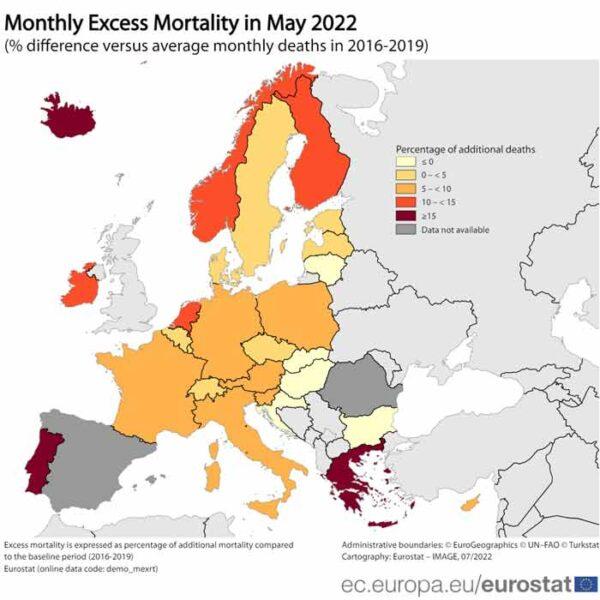 The above chart shows the rate of excess deaths in the European Union in May 2022. (Source: Eurostat)