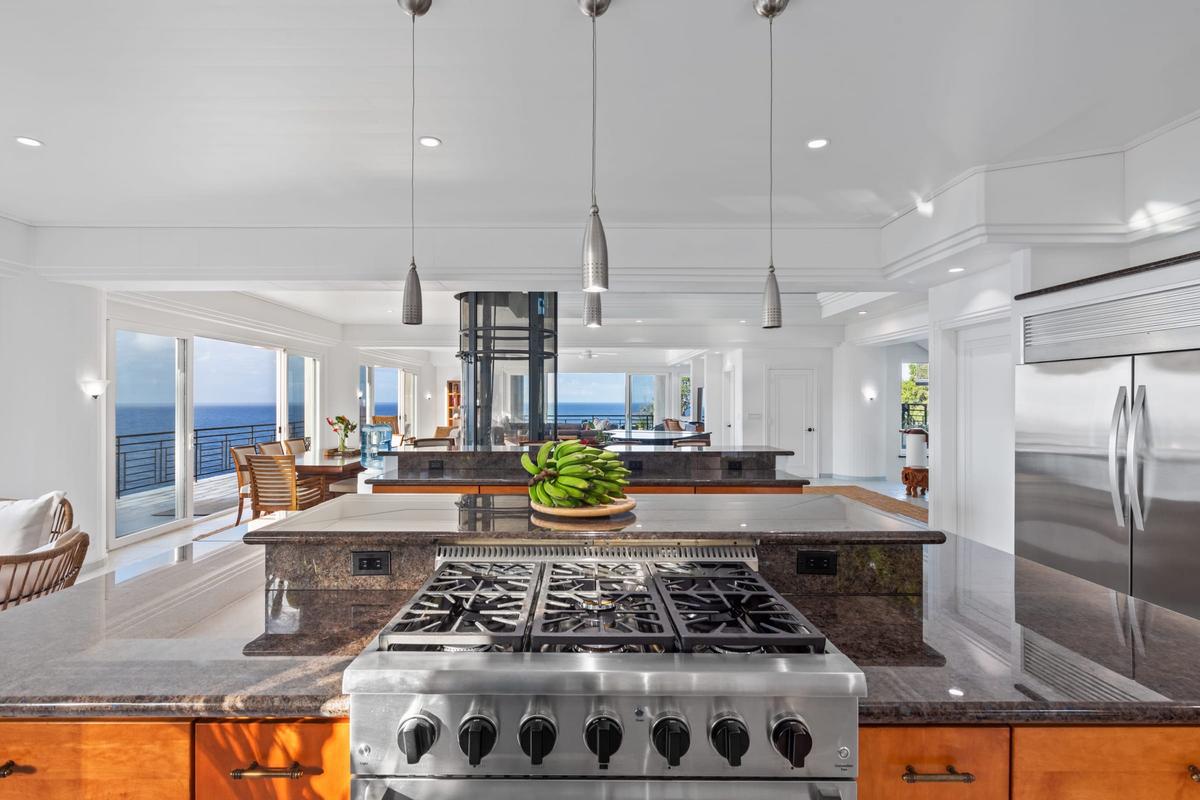 The open floor plan ensures a mostly unobstructed view of the dining and lounging areas and the abundant beauty beyond. (Sotheby's Concierge Auctions)