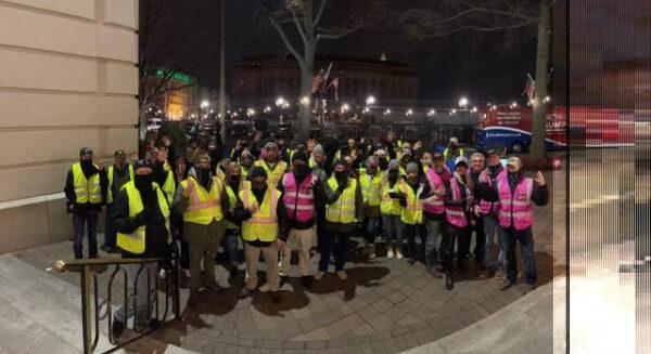 Members of the patriot group, Guardians for Freedom, who answered the request from the United States Secret Service to assist with crowd control. They were all supplied brightly colored vests by the Secret Service. (Courtesy of Leandra Clarke)