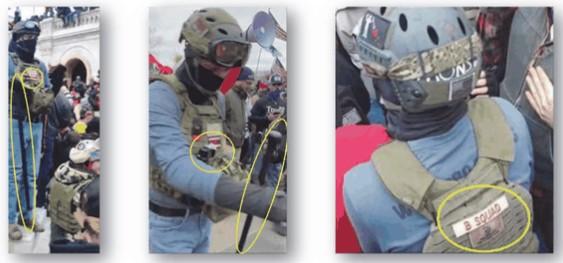 Screenshot of images from criminal complaint of someone alleged to be a Guardians for Freedom member, described by the government as a "militia-style" organization. Five members were arrested for their alleged participation in the breach of the Capitol on January 6, 2021. (Criminal complaint)