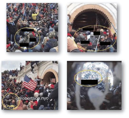 Screenshots of images from criminal complaint of people alleged to be Guardians for Freedom members, described by the government as a "militia-style" organization. Five members were arrested for their alleged participation in the breach of the Capitol on January 6, 2021. (Criminal complaint)