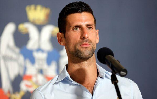 Serbia's Novak Djokovic speaks during a press conference after attending his welcoming ceremony celebration at the Belgrade City Hall in Belgrade on July 11, 2022. (Pedja Milosavljevic/AFP via Getty Images)