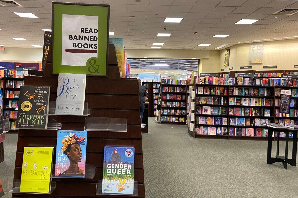 A rack in the Barnes & Noble bookstore at the Tysons Corner Shopping Mall promotes "banned books" in McLean, Va., on August 27, 2022. (Terri Wu/The Epoch Times)