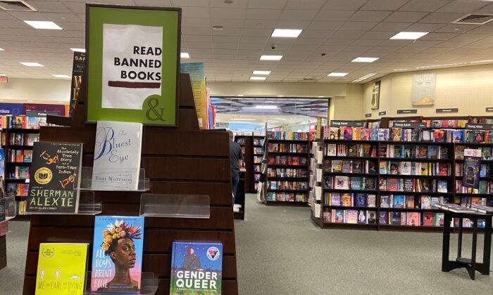 A rack in the Barnes & Noble bookstore at the Tysons Corner Shopping Mall promotes "banned books" in McLean, Va., on Aug. 27, 2022. (Terri Wu/The Epoch Times)