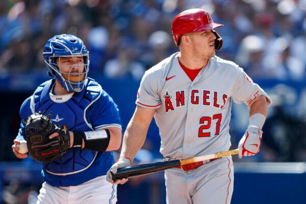 Mike Trout #27 of the Los Angeles Angels strikes out in the first inning of their MLB game against the Toronto Blue Jays at Rogers Centre in Toronto, Canada, August 27, 2022. (Cole Burston/Getty Images)