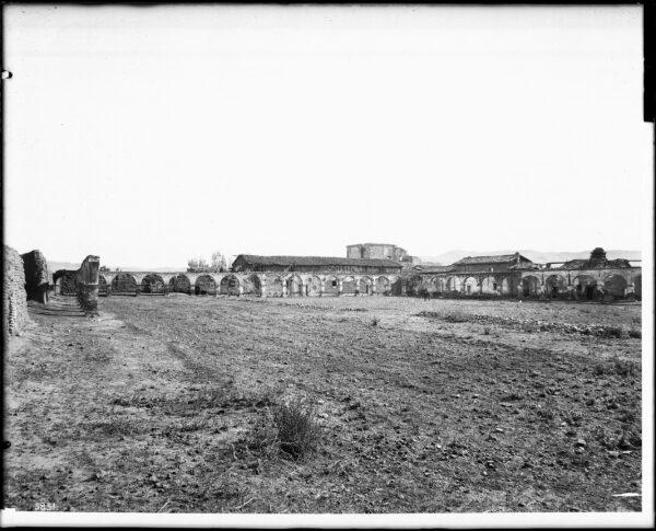 A photo of the large courtyard at Mission San Juan Capistrano, Calif., circa 1900. The mission is renowned for its "Return of the Swallows" each year. (Public Domain)