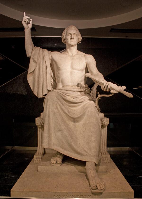 George Washington, here depicted in ancient dress, was often compared to the Roman patriot Cincinnatus. George Washington statue, 1840, by Horatio Greenough. The National Museum of American History. (Public Domain)