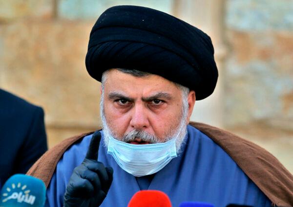 Influential Shiite cleric Muqtada al-Sadr speaks during a press conference in Najaf, Iraq, on Feb. 10, 2021. (Anmar Khalil/AP Photo)