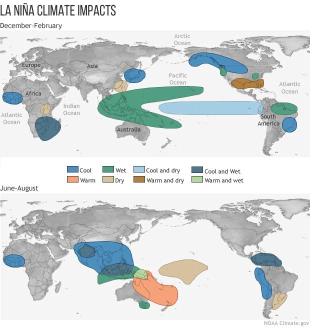 NOAA illustration of how La Niña impacts global climate patterns throughout the year. (NOAA)