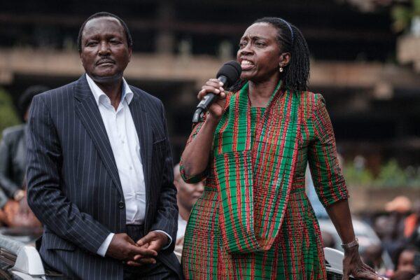 Martha Karua (R), the running mate of Kenya's defeated presidential candidate Raila Odinga, speaks to supporters with former Deputy President of Kenya Kalonzo Musyoka (L) as they arrive to hold a press conference at the Kenyatta International Convention Centre (KICC) in Nairobi on<br/>Aug. 22, 2022, after filing a petition to the country's top court challenging the result of the Aug. 9, 2022 election that handed victory to his rival William Ruto. Odinga, a veteran opposition leader who ran with the backing of <a href="https://www.africanews.com/2022/02/27/kenya-s-ruling-party-joins-opposition-coalition-for-presidency-bid//">President Uhuru Kenyatta and the ruling party</a>, has rejected the outcome of the poll, branding it a "travesty." (YASUYOSHI CHIBA/AFP via Getty Images)