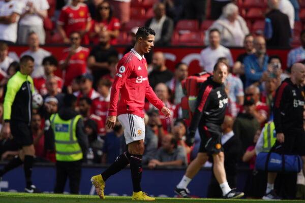 Manchester United's Cristiano Ronaldo walks on the field at the end of the English Premier League soccer match between Manchester United and Brighton at Old Trafford stadium in Manchester, England, on Aug. 7, 2022. (Dave Thompson/AP Photo)
