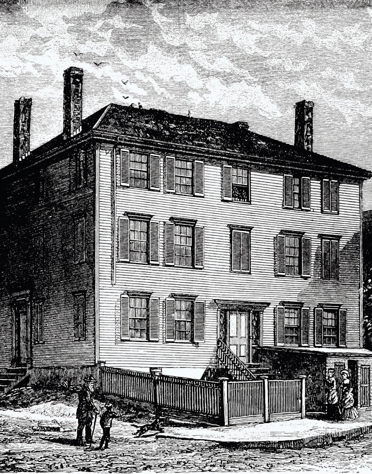  Longfellow’s birthplace, located on the corner of Hancock and Fore streets in Portland, Maine, was demolished in 1955. (Public domain)