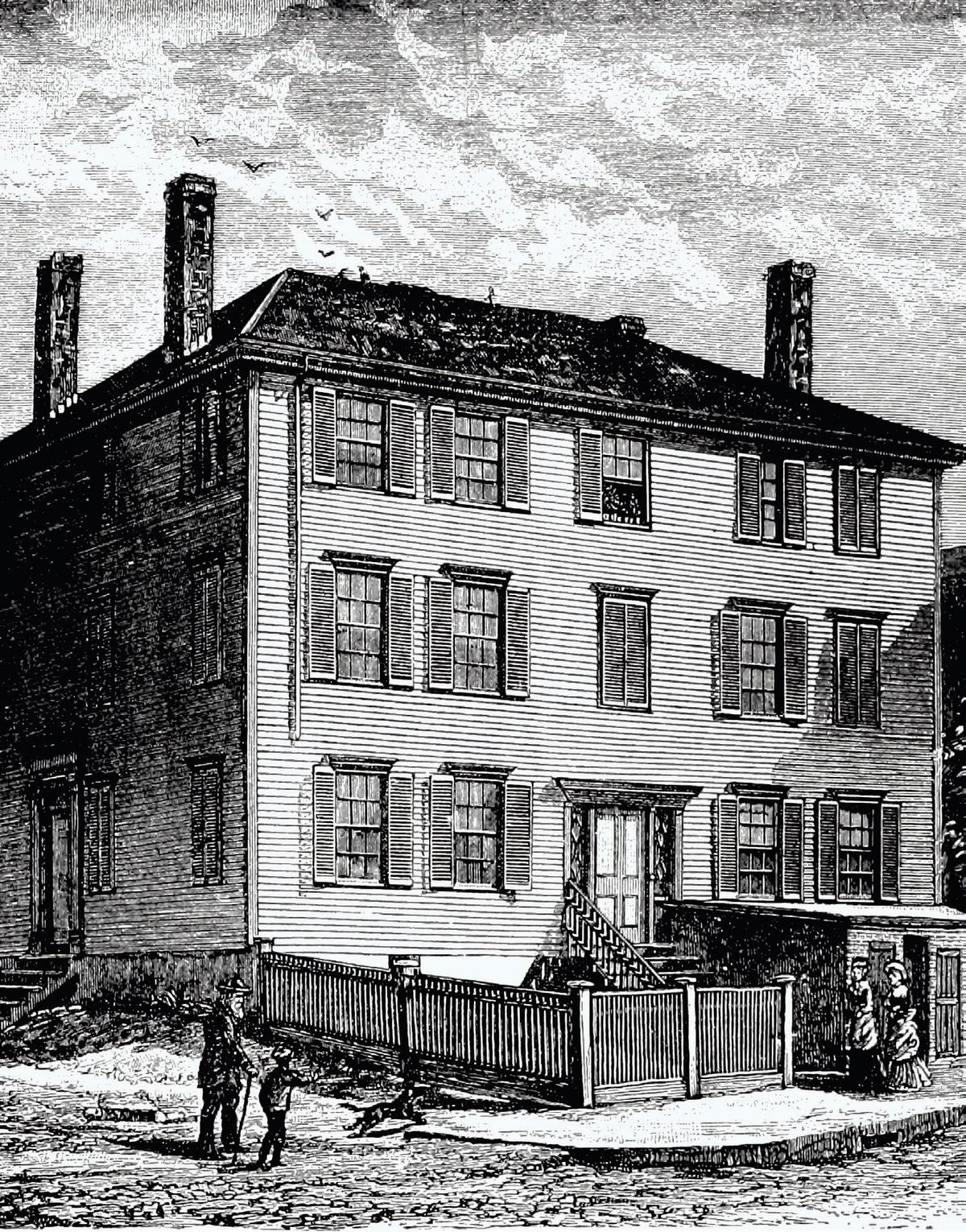 Longfellow’s birthplace, located on the corner of Hancock and Fore streets in Portland, Maine, was demolished in 1955. (Public domain)