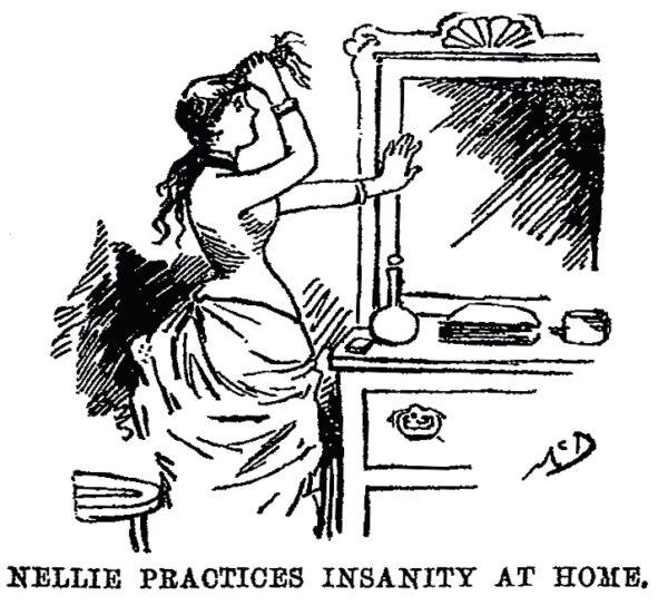 Illustration of Bly practicing feigning insanity from her 1887 book “Ten Days in a Madhouse." (Public domain)