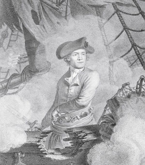 Portrait of Jones standing on board the Bonhomme Richard, reaching for one of several pistols at his waist and holding a sword in his right hand. Engraving by Carl Guttenberg after a drawing by C.J. Notté, 1779. (Public domain)