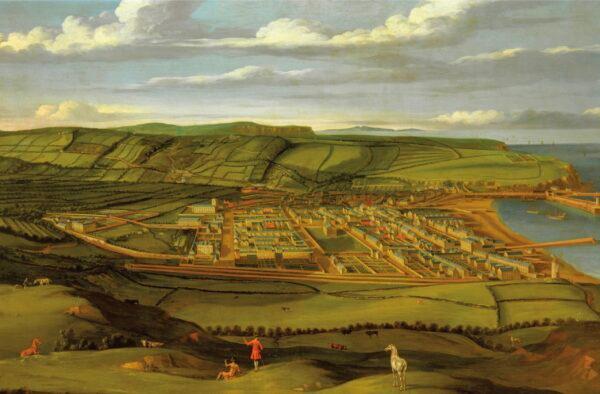 In 1778, Jones led his crew into the town of Whitehaven in Scotland to hunt British ships. The town is depicted in a painting by Matthias Read, 1730–1735. (Public domain)