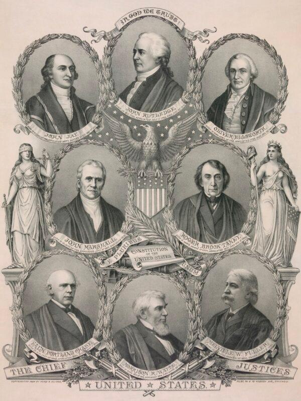 1894 lithograph of the first eight chief justices of the United States: John Jay, John Rutledge, Oliver Ellsworth, John Marshall, Roger Brook Taney, Salmon Portland Chase, Morrison R. Waite, and Melville W. Fuller. (Everett Collection/ Shutterstock)