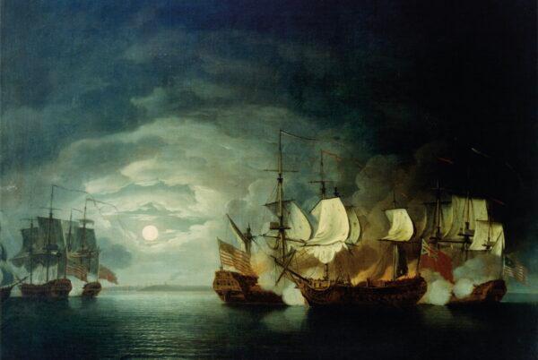 The Bonhomme Richard (center) closely engages with HMS Serapis off Flamborough Head, England. Painting by Thomas Mitchell, 1780. (Public domain)