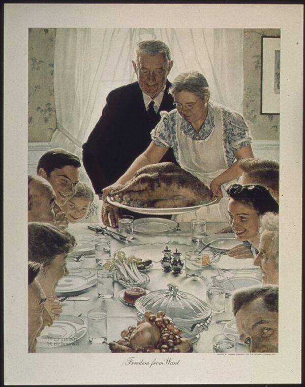 "Freedom From Want," 1943, by Norman Rockwell, which shows a family sitting down to a holiday meal. National Archives. (Public Domain)