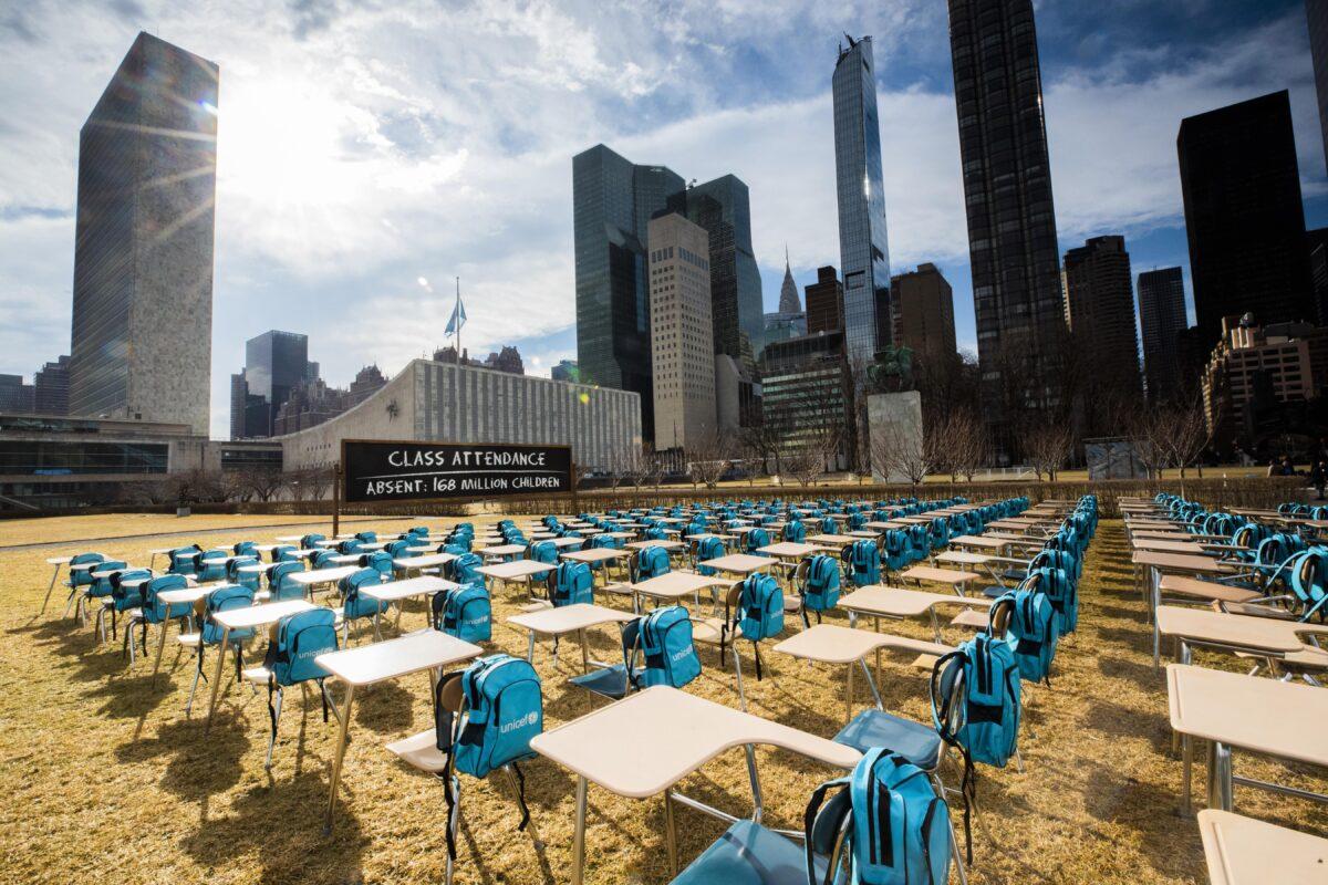 To call attention to the education emergency wrought by government COVID-19 policies, UNICEF unveiled a model classroom made up of 168 empty desks, each seat representing one million children living in countries where schools have been almost entirely closed since the onset of lockdowns, at the U.N. headquarters in New York City, on March 3, 2021. (Chris Farber/UNICEF via Getty Images)