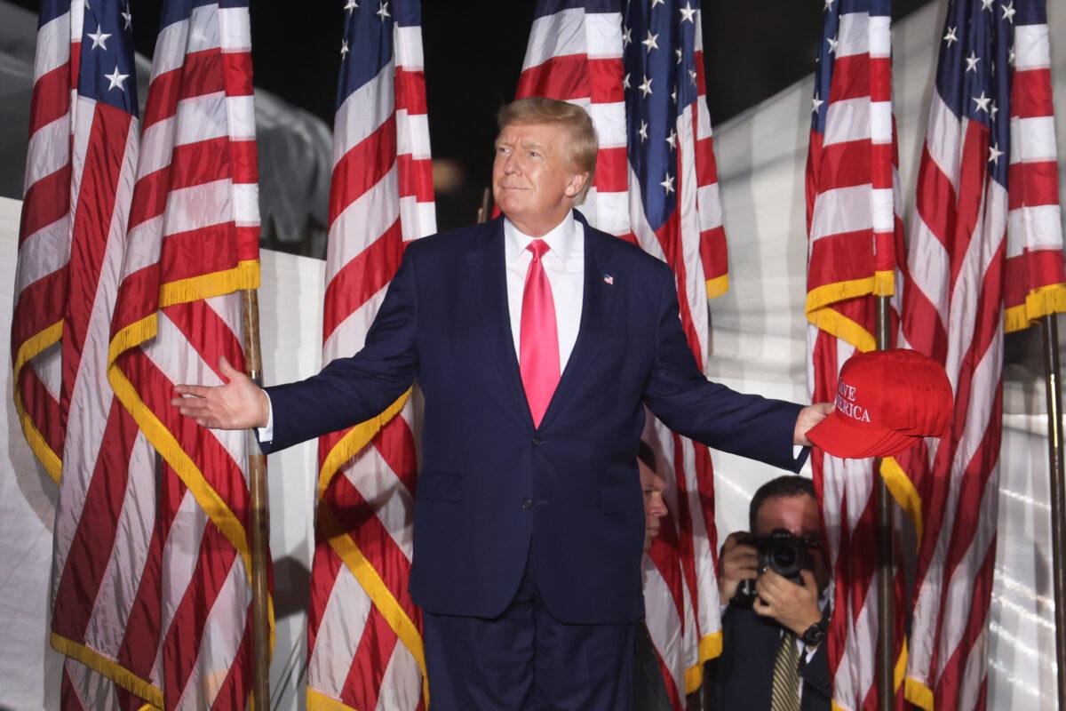 Former President Donald Trump greets supporters during a rally in Waukesha, Wis., on Aug. 5, 2022. (Scott Olson/Getty Images)