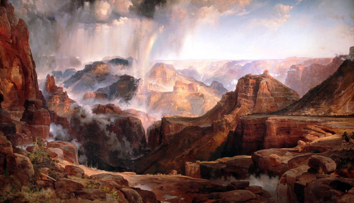 Moran depicted natural wonders beyond Yellowstone. Here is a depiction of the Grand Canyon. "Chasm of the Colorado," 1837–1926, by Thomas Moran. Oil on canvas; 84.36 inches by 144.75 inches. U.S. Department of the Interior Museum. (Public domain)